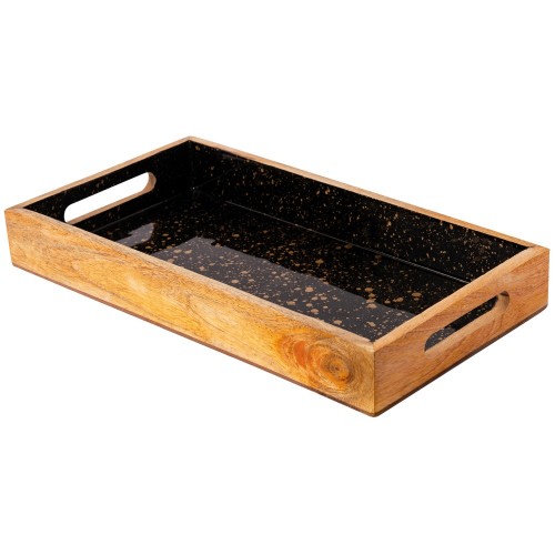 Ξύλινο Πλατώ Σερβιρίσματος με Χερούλια 40x22cm Μαύρο "Gold Spots" Prestige